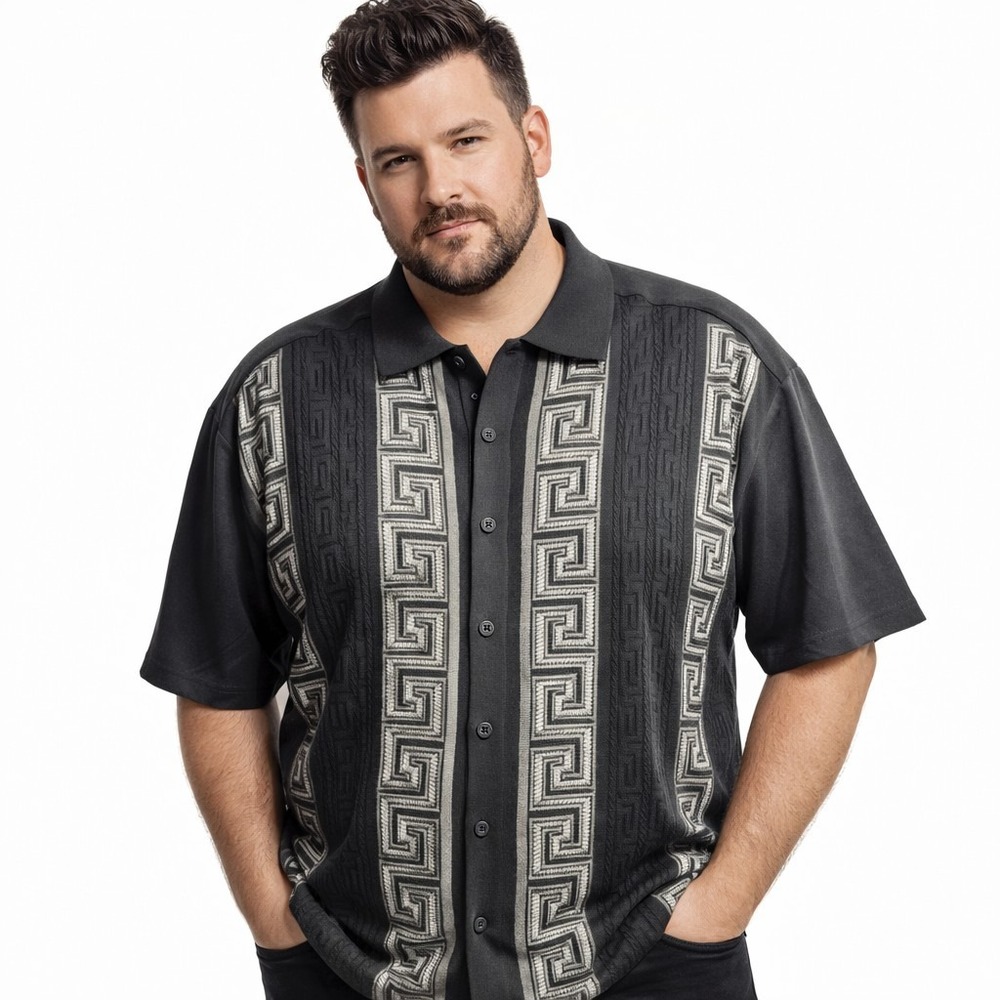 SILVERSILK Short Sleeve Knit Front Button Shirt Sz 4XL Black Geo Retro Bowling